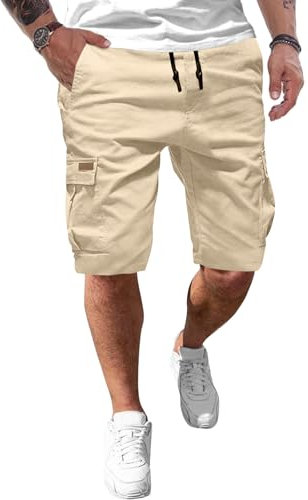 JMIERR Cargo Shorts Herren Baumwolle Kurze Hosen Herren Elastische Taille mit Taschen Apricot M