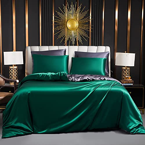 Luofanfei Satin Bettwäsche 135x200 4teilig Grün Dunkelgrün Glänzend Seide Glatt Wende Bettwäsche Glanzsatin Luxus Uni Golden Graue Muster Bettbezüge Set mit Reissverschluss und Kissenbezüge 80x80 cm