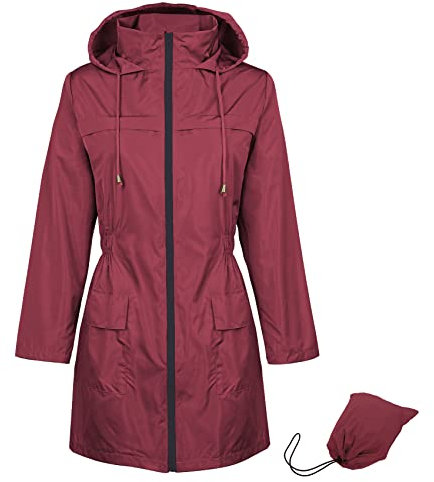 Durio Veste de pluie pour femme imperméable et respirante avec capuche, légère et pliable, veste d'extérieur avec cordon de serrage réglable, rouge bordeaux, S