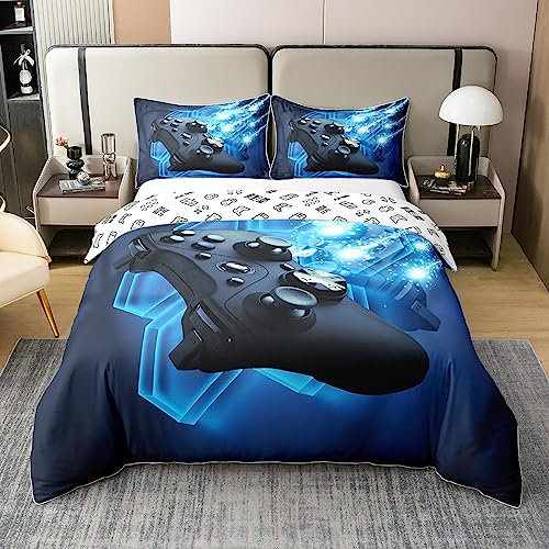 Reversible Teens Spiel 100% Baumwolle Bettbezug 135x200,Kinder Videospiele Bettwäsche Set für Jungen Jugend,Joystick Spieler Neuheit Gamer Komfürtbezug,Blaue Gamepad Atmungsaktive Bettdecke Abdeckung