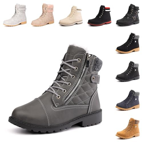 Hitmars Winterstiefel Damen Warme Winterschuhe Gefüttert Kurzschaft Absatz Stiefel Winter Geschnürt Stiefeletten Schneestiefel Grau 39 EU