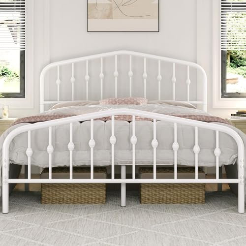 Yaheetech 5ft King Bed Frame Slatted Metal Bed with Crown-inspired Design Headboard/Spacious Under-bed Storage White