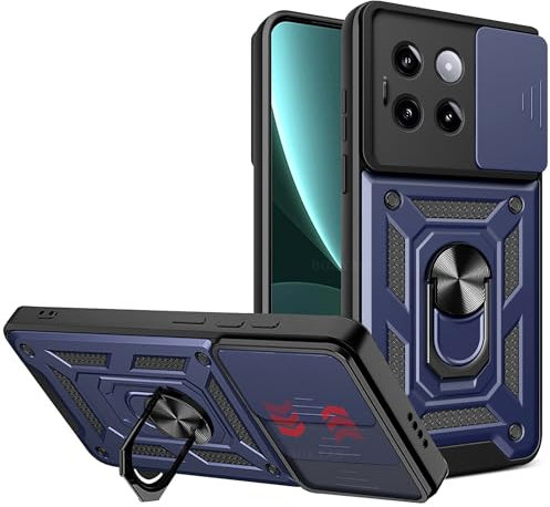 BOKYAS Funda para Xiaomi 14 Pro 5G con Tapa de Cámara y Soporte de Anillo [Funciona con Soporte Magnético para Coche] Carcasa Anti-caída Grado Militar, Azul