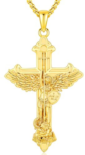 Erzengel Michael Halskette 925 Sterling Silber Kreuz Anhänger vergoldet Herren Halskette Michaels Religiöser Amulett Schmuck Herren Damen Geschenke Ketten aus rostfreiem Stahl