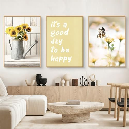 Uixxducc 3er Modern Poster Set, Gelb Sonnenblume Bilder Blumen Blätter Wandbilder, Stilvolle Leinwandbilder, Ohne Rahmen Kunst Bilder für Wohnzimmer Schlafzimmer (A,40x50cm)