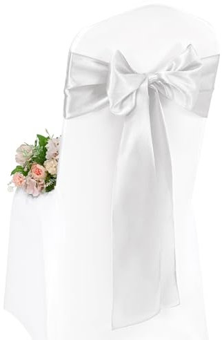 50 Pcs Silver Chair Sashes, Satin Chair Cover Bands 7X108 Inch Chair Sashes Bow Back Tie Ribbon For Wedding Party Hotel Decorations (17X275 CM)