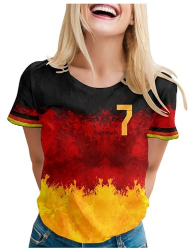 Deutschland Trikot Em 2024 Fanartikel Deutschland Shirt Damen :Frau Fussball Em 2024 Rundhals Sommershirt Kurzarmshirt Fitness Sportshirt Gym Slim-Fit Oberteile Sport Bekleidung