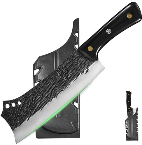 FULLHI Meat Cleaver bbq Cuchillo de Chef con Fundas de Acero al Carbono para Cortar Carne Set de Cuchillos de Cocina para Regalos Idea Hombres mujeres (Negro, 21cm)