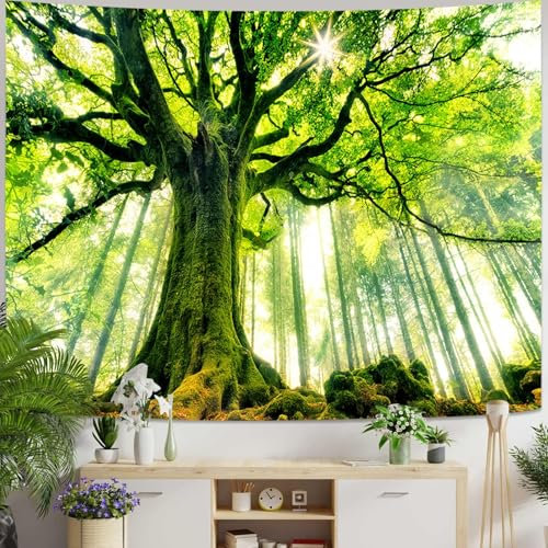 Skcess Wandteppich Wald Groß, Grün Wandtuch Wald Sonnenaufgang Wandteppich Natur Landschaft Tapisserie Jungle Wandbehang Decorative Tapestry 240 x 220 cm
