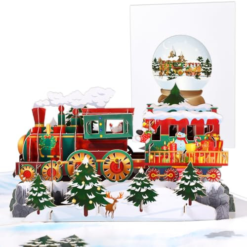 CNLITIHEKA Zug-Weihnachtskarte, Weihnachtszug-Pop-Up-Karten, Pop-Up-Weihnachtskarte, handgemachte 3D-Weihnachtsgrußkarte, Frohes Neues Jahr, Erntedankfest, mit Umschlag.