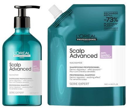 L'Oréal Professionnel Shampoo-Set zur Beruhigung empfindlicher Kopfhaut, Scalp Advanced, Anti-Dicomfort Dermo-Regulator Shampoo 500ml & Shampoo Nachfüllbeutel, Refill 500ml
