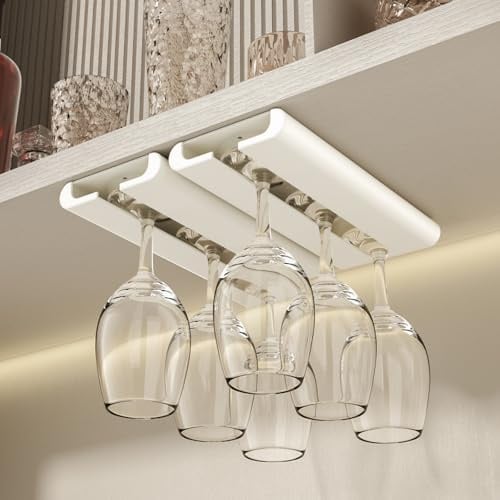 Vaisoeny Wine Glass Holder, 2 Pack Wine Glass Holder Under Cabinet (White) | Made of Sturdy ABS, Durable Wine Glass Holder Under Cabinet Features Rounded Edges to Prevent Scratches and Secure Glasses