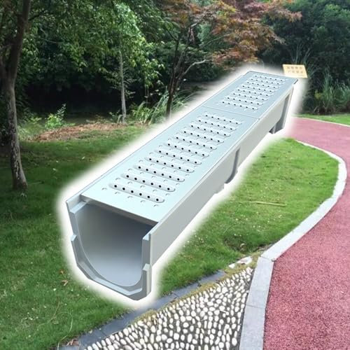 Tapa Desague Terraza Sistema de Drenaje de Zanja para Patio, Sumidero con Rejilla de Orificio Redondo, Kit de Rejilla de Drenaje para Exteriores Rectangular, Canal de Drenaje de Material de Resina par