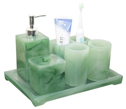 Seifenspender für Bad & Küche Badezimmer-Zubehör-Sets, einzigartige künstliche Jadeit-Badewannen-Duschwannen-Dekoration, 6-teilige Badezimmer-Zubehör-Sets aus Kunstharz nachfüllbarer Seifendosierer