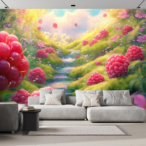 Rote Beeren Tapete Wandbild 3D Fototapete Grünes Tal Anime-Landschaft Wandtapete Foto für Modernes Design der Fernseh Hintergrund Wand-Kunst-Deko 150×105 cm