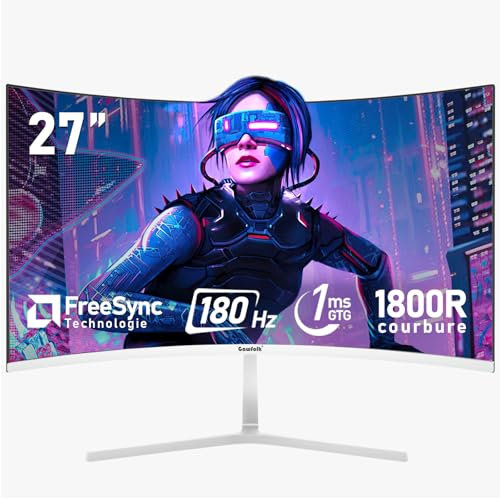 Gawfolk Écran PC 27 Pouces incurvé 180Hz Gaming Computer Moniteur, 1800R,1ms,FHD 1080p, 178 ° Grand Angle,Ultra - Mince Lunette, HDMI、DisplayPort,Compatible avec Montage Mural 100 * 100mm- Blanc