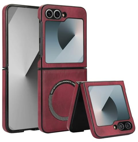 XKchatpt Magnetische handyhülle für Samsung Galaxy Z Flip 5, kompatibel mit Unterstützt kabelloses Laden, stoßfeste, schlanke Hartschale aus PU-Leder für Samsung Galaxy Z Flip 5 (Rot)