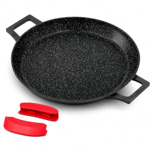 ROYAL SWISS Paella Pfanne 32 cm Schwarz, Aluminiumguss Paellera mit Marmor Antihaftbeschichtung, Induktion Gas Elektro Ceran, Silikon-Griffschutz, Spülmaschinengeeignet, churrasqueira, grillschale