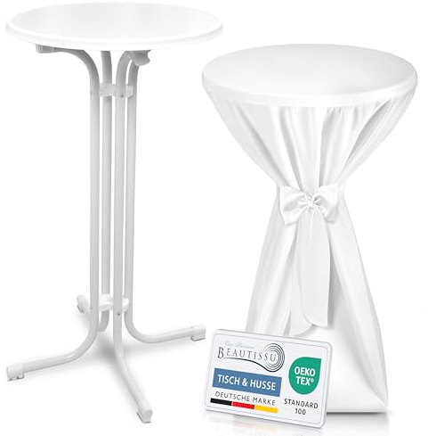 Beautissu Weißer Stehtisch klappbar mit Premium Stehtischhusse Outdoor | 60cm Weiß wetterbeständig kratzfest UV-beständig Husse rutschfest waschbar mit Schleifenband Bistrotisch rund Party Bellini