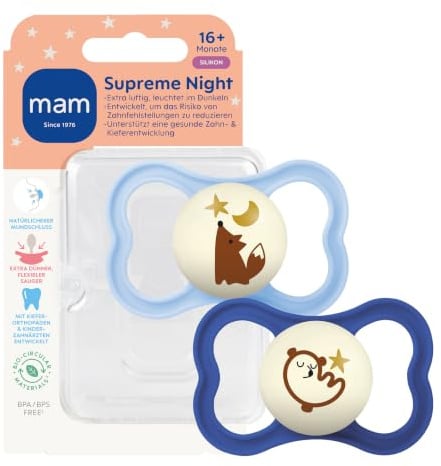 MAM Supreme Night Schnuller | 16+ Monate | leuchtende Babyschnuller | 94% Akzeptanz | beugt Zahnfehlstellungen vor | besonders hautfreundlich | SkinSoft Silikon | Fuchs/Bär | 2 Stück
