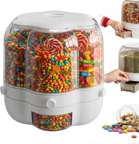 Candy Dispenser 360° Rotating with 6 Compartments, Rotating Candy Dispenser with Lid, 6 Grid Rotating Food Dispensers, Transparent Dry Food Cereal Storage Container for Home Kitchen Organiser (M)