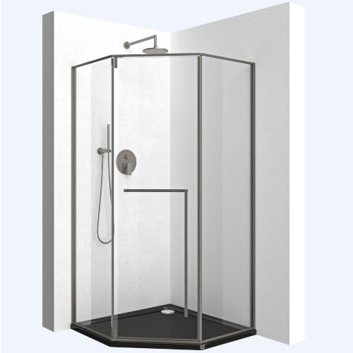 Mai & Mai Cabine de Douche en Angle Transparent avec Receveur 90x90x200cm | Pare-douche avec Porte Pivotante, Paroi de Douche Pentagonale, Verre Nano 8mm, Montage Réversible, avec Receveur, RAV68K-Plus
