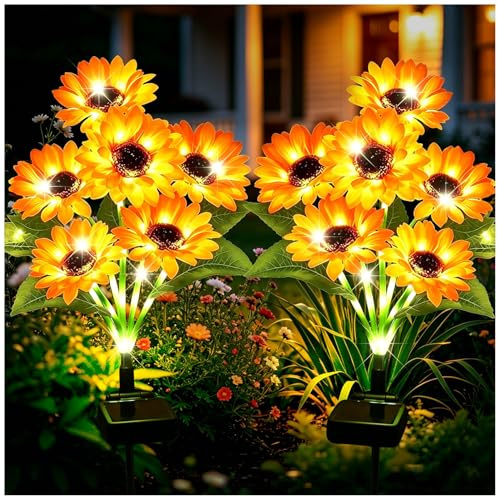 Set von 2 DooYard Garten-Deko Solarleuchten mit 12 Sonnenblumen-Lichtern - Wasserdichte Solarlampen - Geburtstagsgeschenke für Mama, Frau, Oma, dekorative Außenpfähle für