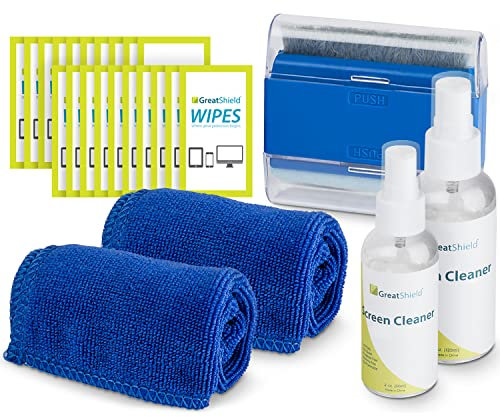 GreatShield Screen Cleaning Kit with 2 Bottle Solution (60ml and 120ml), 2 Microfiber Cloths, 20 Non-Alcohol Screen Cleaning Wipes, and Brush for Laptops, PC monitors, Smartphones, Tablets, TVs