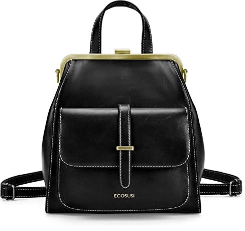 ECOSUSI Rucksack Damen Leder Rucksackhandtaschen Vintage Elegant Handtasche Rucksack Damen 2 in 1 Klein Daypack Tagesrucksack Kunstleder Wasserabweisend Reise Rucksack Schwarz