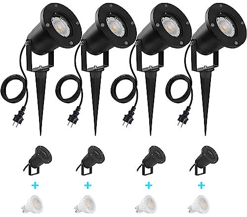 SanGlory 4 Stück Gartenleuchte mit Erdspieß,7W GU10 LED Gartenstrahler mit Stecker,IP65 Wasserdicht Gartenbeleuchtung mit 2m Kabel,Warmweiß Außen-Strahler Gartenlampe Außenlampe für Baum,Teich,Garten