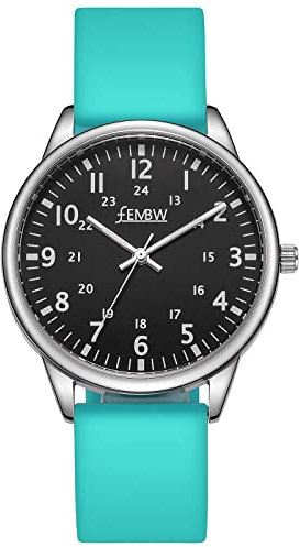 FEMBW Damen Armbanduhr Damenuhr Silikonarmband Uhr Arabische Ziffern Analoge Uhr Quarzuhr Kleideruhr für Frauen Mädchen 50M Wasserdicht (Grün/Schwarz/Fluoreszenzskala)
