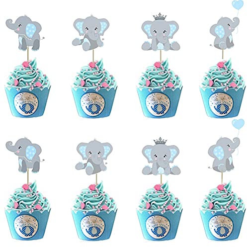 Morofme 48 x blaue Elefanten-Cupcake-Topper, doppelseitig, It is A Boy, Cupcake-Picks, Elefanten-Kuchen-Dekorationen für Elefanten-Thema, Geburtstag, Babyparty, kleine Erdnuss-Partyzubehör