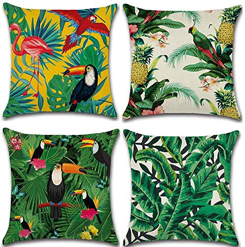 Fullfun Grüne Kissenbezüge Blatt, Tropische Leinen Kissenbezüge mit Flamingo, 4 Stück Quadratische Dschungel Wurfkissenbezug, für Sofa, Couch, Schlafzimmer & Outdoor Kissen 50 cmx50 cm (20x20 Zoll)
