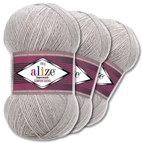 Alize 3x100g Superwash Comfort Sockenwolle 33 Farben zur Auswahl EIN-/Mehrfarbig Pullover Kleidung Wolle (21 | Grau Melange)