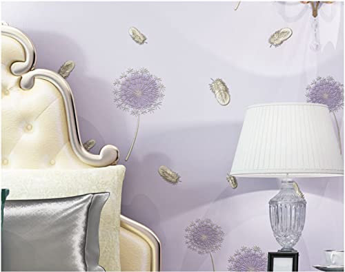Helles Lila Vliestapete 9,5 m x 0,53 m Löwenzahn-Feder Tapete Modernes Design Pastoral Tapete für Flur Wohnzimmer Schlafzimmer Büro