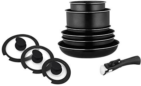 Arthur Martin AM310SC - Juego de ollas y sartenes para todo fuego, utensilios de cocina de aluminio con mango extraíble de 10 piezas, color negro
