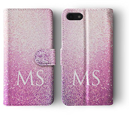 Tirita Personalised Leather Flip Wallet Phone Case with Card Holder Compatible with iPhone 13 Mini, PRINTED GLITTER, NOT REAL GLITTER Faded Glitter Marble Bling - Purple Sequins