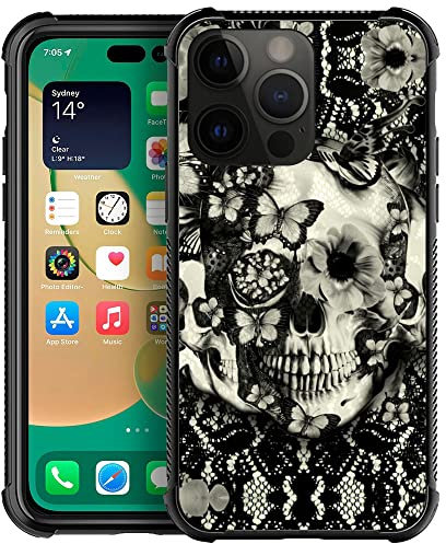 ZHEGAILIAN Case for iPhone 14 Pro - Victorian Gothic Lace Skeleton Tempered Glass Back + Soft Silicone TPU Shock Protective Case