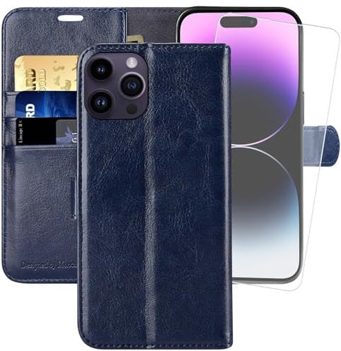 MONASAY Wallet Case for iPhone 14 Pro Max 5G,6.7-inch,[Glass Screen Protector Included] [RFID Blocking] Flip Folio Leather Cell Phone Cover with Credit Card Holder for Apple iPhone 14 Pro Max,Blue