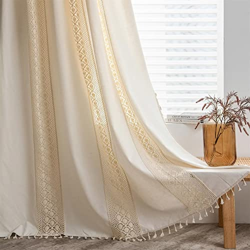 SAYT RLAE Boho Gardinen Blickdicht Vorhang Beige Baumwolle Leinen Vintage Landhausstil Bauernhaus Vorhänge Stangentasche Fenstervorhänge für Wohnzimmer Zimmer Dekoration, 1 Stück, B150xH200cm