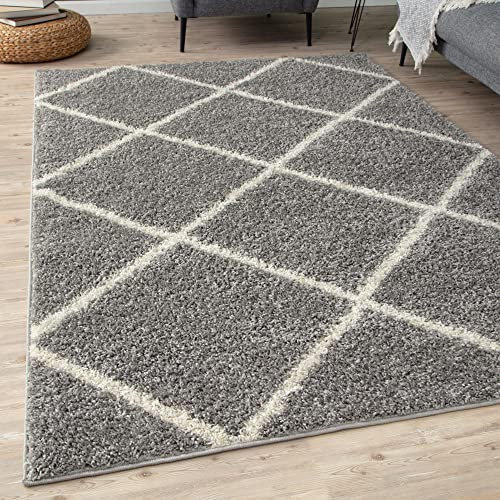 THE RUGS Shaggy Rug – Modern Moroccan Design Rugs for Living Room, Bedroom, Hallway, 3 cm Thick Area Rugs, (Diamond Grey/Ivory, 80x150cm)
