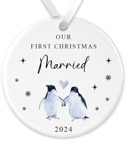 Our First Christmas Married Penguin Bauble - Newlywed Ceramic Ornament, Gift Box - Mr & Mrs 1st Xmas Keepsake - Romantic Festive Tree Decoration