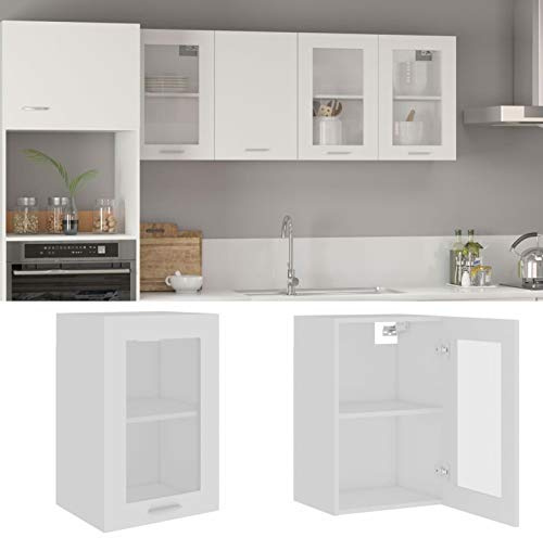 Festnight Meuble Haut de Cuisine vitrée,Armoire en Verre Suspendue,Casiers de Rangement de Cuisine,Placard Armoire de Rangement, Meuble Mural avec Portes-Blanc Verre 40 cm