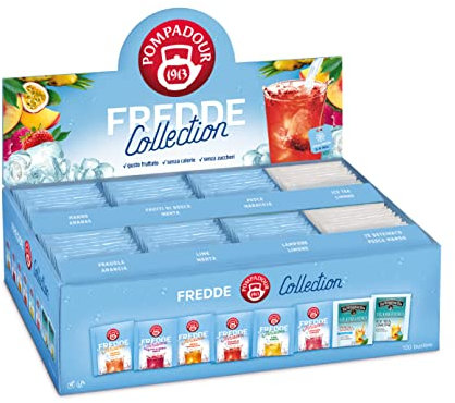 Pompadour, Box Infusi e Te Freddi 15 Bustine x 8, Mango e Ananas, Frutti di Bosco e Menta, Pesca Maracuja, Fragola e Arancia, Lime Menta, Lampone e Limone, Pesca e Mango, Ice Tea Limone