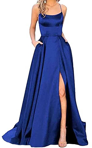 xxxiticat Damen Elegant Lange Ballkleider mit Taschen Satin A-Linie Backless Hochzeitskleid Abendkleider Sexy Neckholder Spaghetti Brautkleid Kleider Lang Prinzessin Brautjungfer Kleid (SB-S)