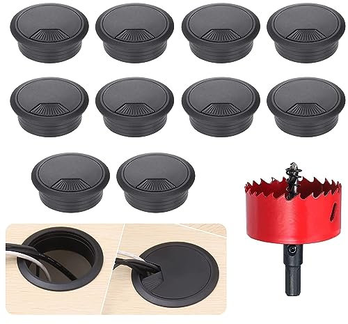 Kabeldurchführung Schreibtisch 10 Stück 60mm Kabeldurchlass mit 1 Lochsäge,Kabeldurchlass Schwarz mit Lochsäge aus Metall, Tisch Kabeldurchführung Rund für Tisch Büro Arbeitsplatten kabelmanagement