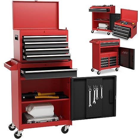 COSTWAY Large Rolling Tool Cabinet, 2-in-1 Detachable Metal Tool Chest with Drawers, Wheel, Handle, Hooks & Pegboard, Lockable Tool Box Trolley for Garage Workshop (with Adjustable Shelf, Red+Black)
