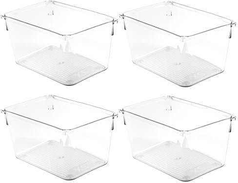 Amtido Drawer Organiser Tray Set - Clear Plastic Containers for Kitchen Utensils, Cosmetics, Food, and Stationery - Use in Drawers, Cupboards, Fridge, and Countertops (4 Pack - 10.2 x 15.2 x 8.3)