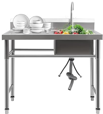 Fregadero de cocina de acero inoxidable organizador de fregadero, mesa de trabajo de acero inoxidable con fregadero y grifo, fregadero móvil para exterior e interior, jardín, independiente, 100 x 60 x