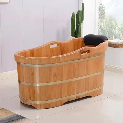 MegLob Wooden Free-Standing Bathtub, SPA Solid Wood Soaking Tub with Handrails, Classic Deep Soaker for Hotel/Beauty Salon, Mobile Indoor Wooden Bathtub for Small Bathroom,140cm/55.19